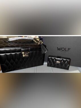 WOLF Black Quilted Leather Cosmetic Case with Matching Travel Mini!